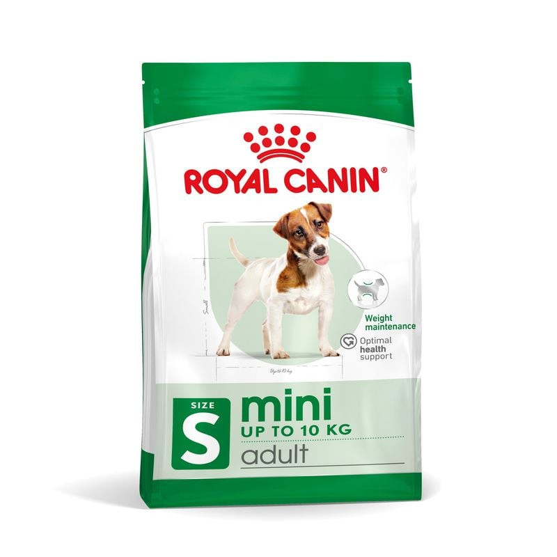 Sac Royal Canin Mini Adult croquettes chien en vert et blanc, avec chien petite race, taille S jusqu