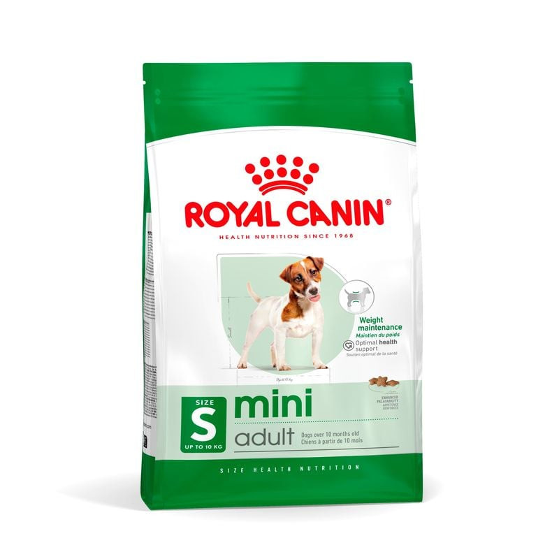 Gros plan sur l'emballage Royal Canin Mini Adult, mettant en avant l'étiquette Taille S jusqu'à 10kg