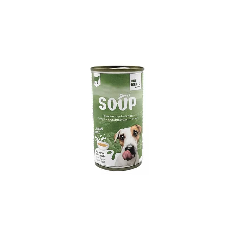 Soupe pour chien Bubimex Bubinature bœuf en boîte verte avec étiquette indiquant 40% bœuf, légumes, 