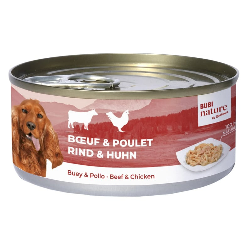 Bubi Nature 1143601 pâtée pour chien bœuf & poulet 150g, avec setter, icônes vache poulet, fond mont