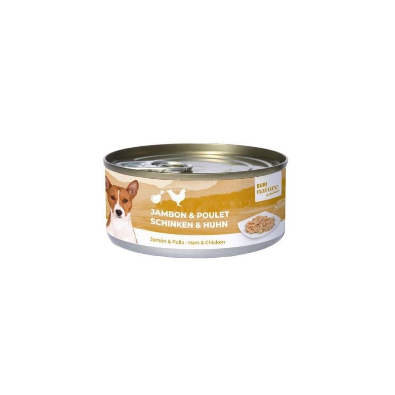 Bubimex Bubinature 1143600 pâtée pour chien jambon et poulet en boîte ouverte 150g, étiquette multil