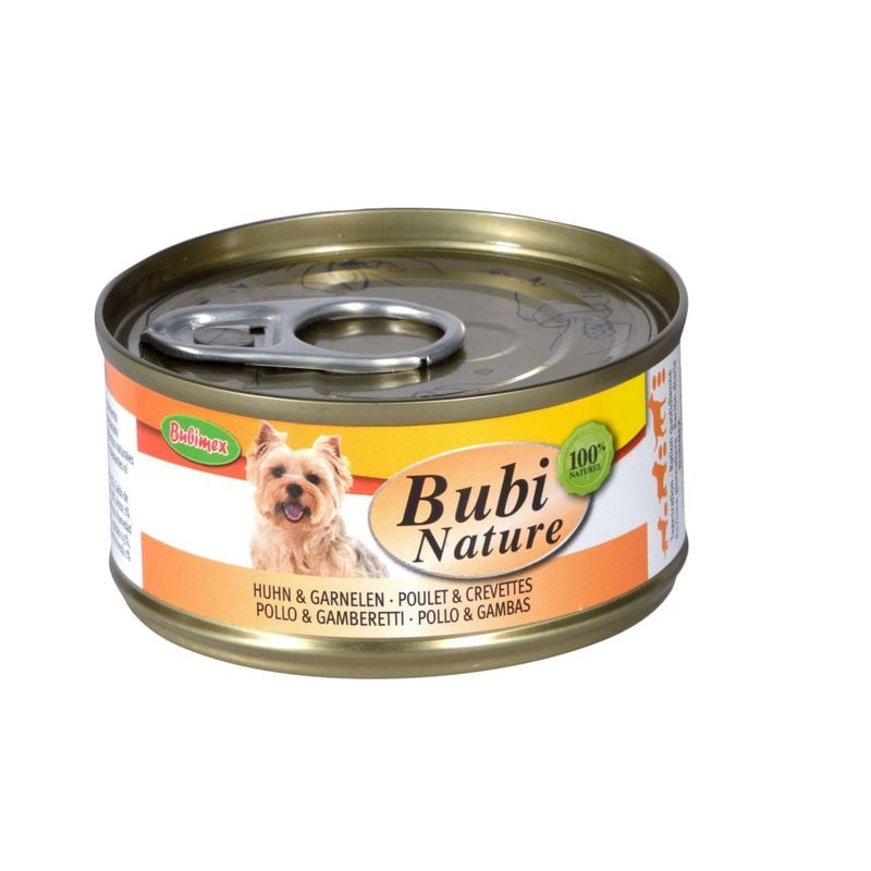 Gros plan sur boîte ouverte Bubinature 1143597 70g pâtée chien, étiquette jaune-orange, image yorksh
