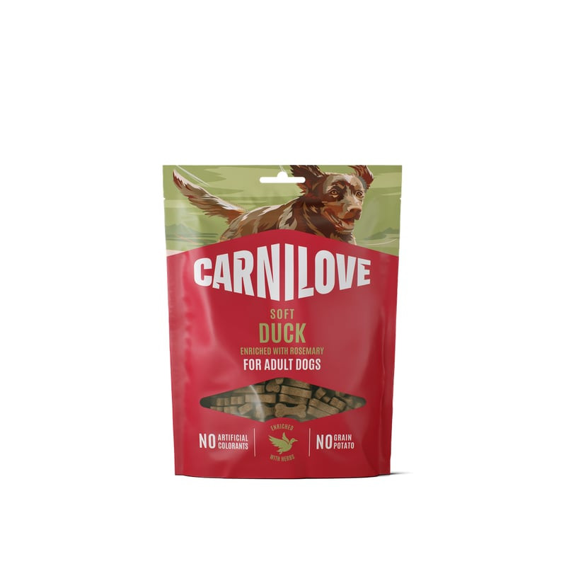 Friandises Carnilove canard et romarin tendres pour chiens adultes, sachet rouge avec illustration d