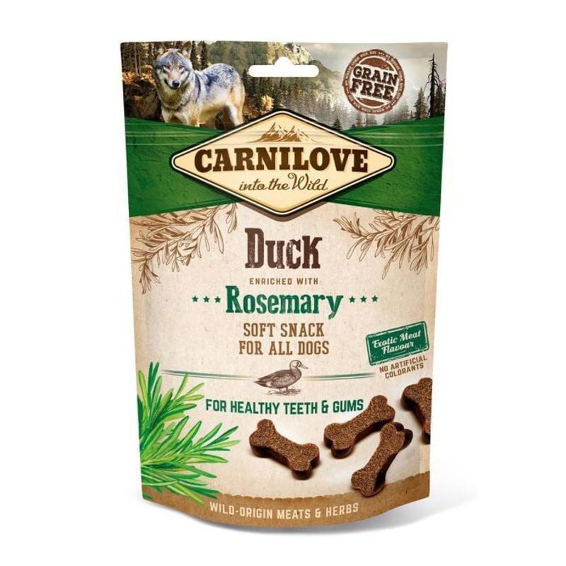 Carnilove friandises tendres canard et romarin sachet vert avec graphismes loup et romarin, friandis