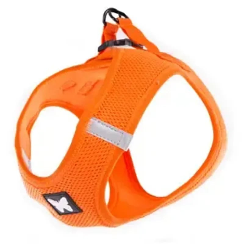 Vue inclinée du bas du harnais mesh Martin Sellier orange XS, montrant structure intérieure, patch l