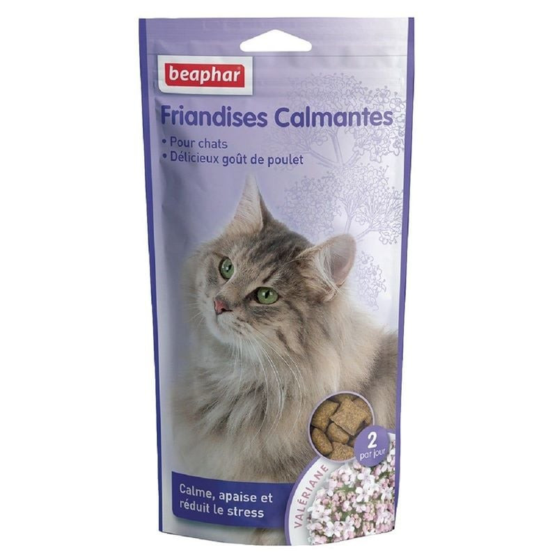 Emballage Beaphar Friandises Calmantes pour Chats : sachet violet avec portrait de chat tigré gris m