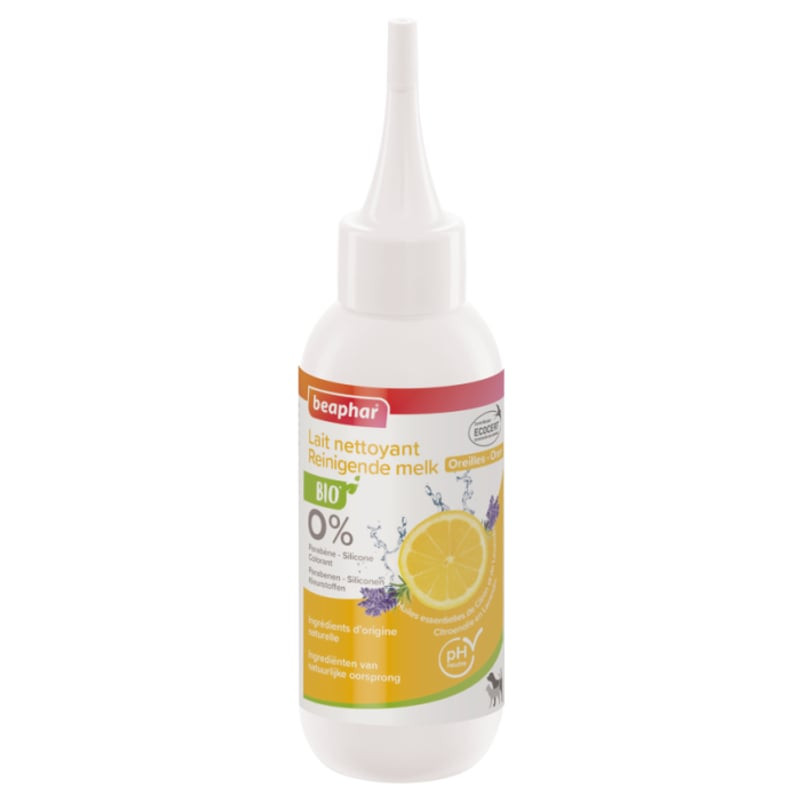 Flacon de lait nettoyant oreilles Beaphar bio pour chiens et chats, design pipette blanche avec étiq