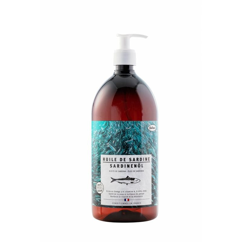 Flacon Bubimex 250 ml d'huile de sardine pour chiens et chats, étiquette avant avec design sardine t