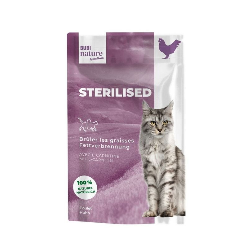 Pochon Bubimex Bubi Nature pâtée pour chat stérilisé saveur filet de poulet avec illustration chat (