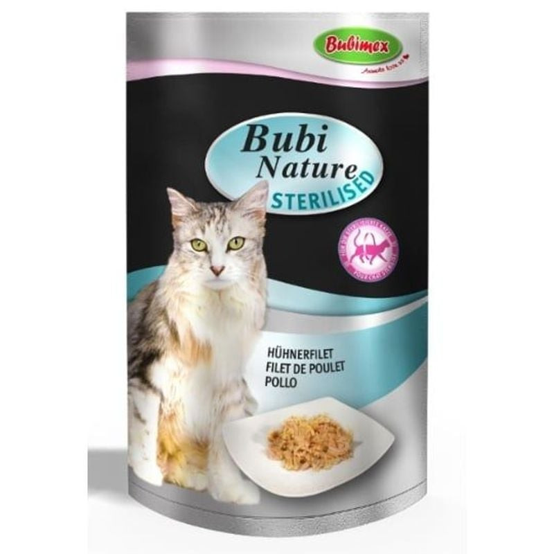 Pochon Bubimex Bubi Nature pâtée poulet pour chat stérilisé, design argent et bleu