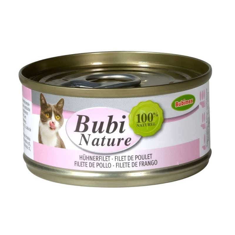 Boîte Bubimex Bubinature Filets de Poulet pour chat, étiquette avant avec chat mignon léchant ses ba