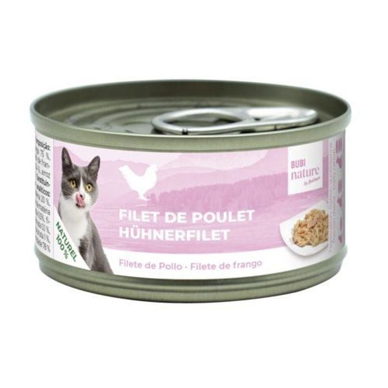 Gros plan sur la boîte Bubimex Bubinature Filets de Poulet vue du dessus, avec étiquette rose arbora