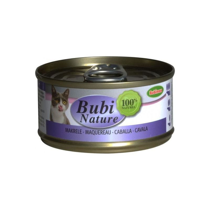 Vue rapprochée en angle d'une boîte ouverte de pâtée Bubimex Bubinature au maquereau pour chat, mett