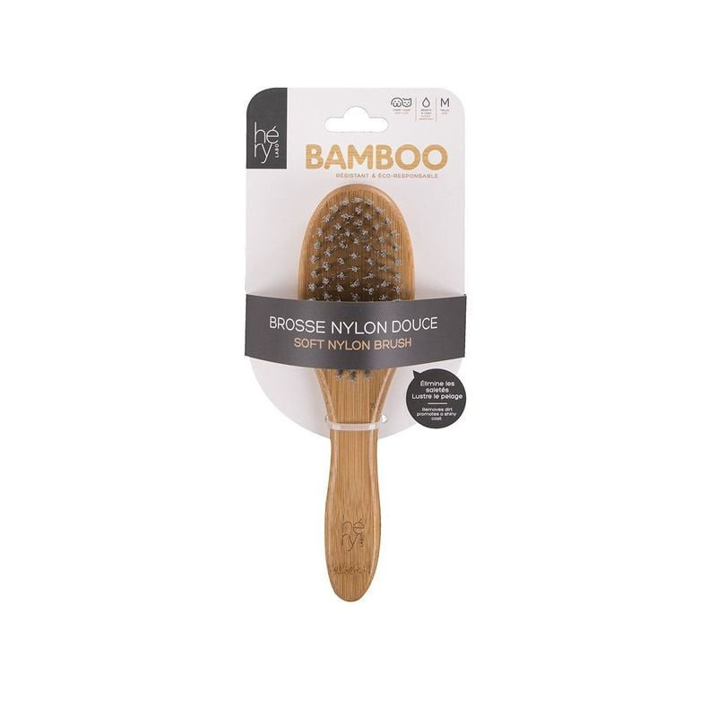 Brosse de toilettage Martin Sellier 1143379 nylon doux manche bambou, sur emballage avec icône chat,