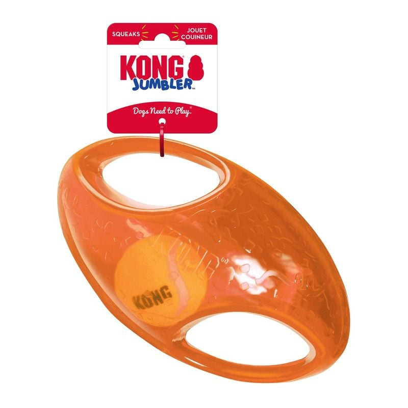 Jouet pour chien KONG Jumbler Football ML orange avec balle de tennis intérieure, poignées ergonomiq