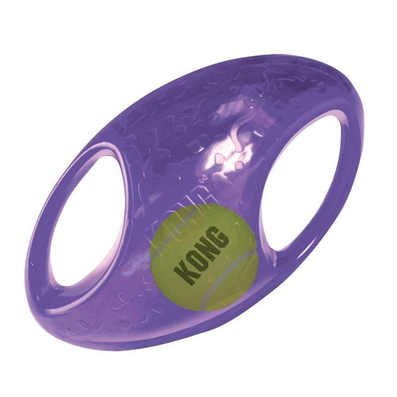 Jouet pour chien KONG Jumbler Football ML violet avec balle de tennis intérieure, design de poignée 