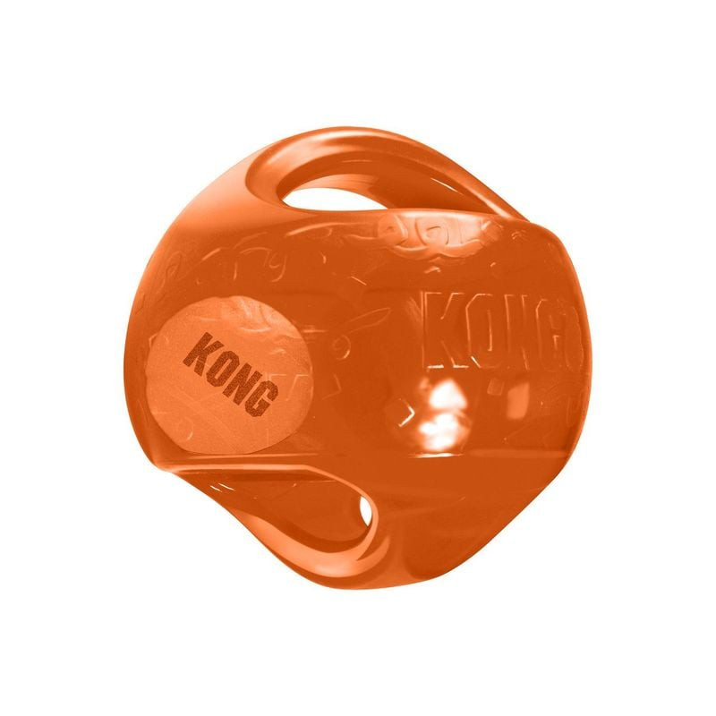 Jouet chien KONG Jumbler Ball LXL orange, vue complète montrant surface texturée, poignées et brandi