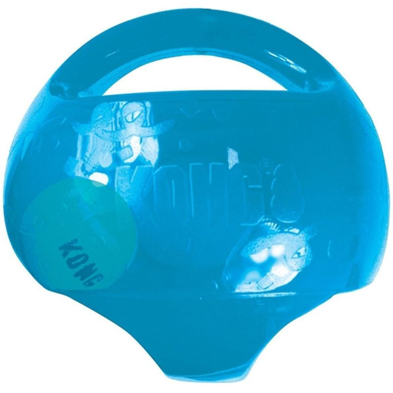 Emballage bilingue rouge KONG Jumbler Ball LXL montrant le dos, code-barres et infos matériaux.