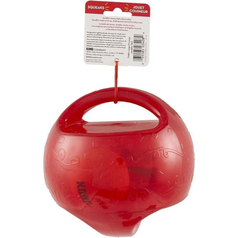 KONG Jumbler Ball LXL rouge avec étiquette d'emballage, affichant sifflet, marque et détails produit