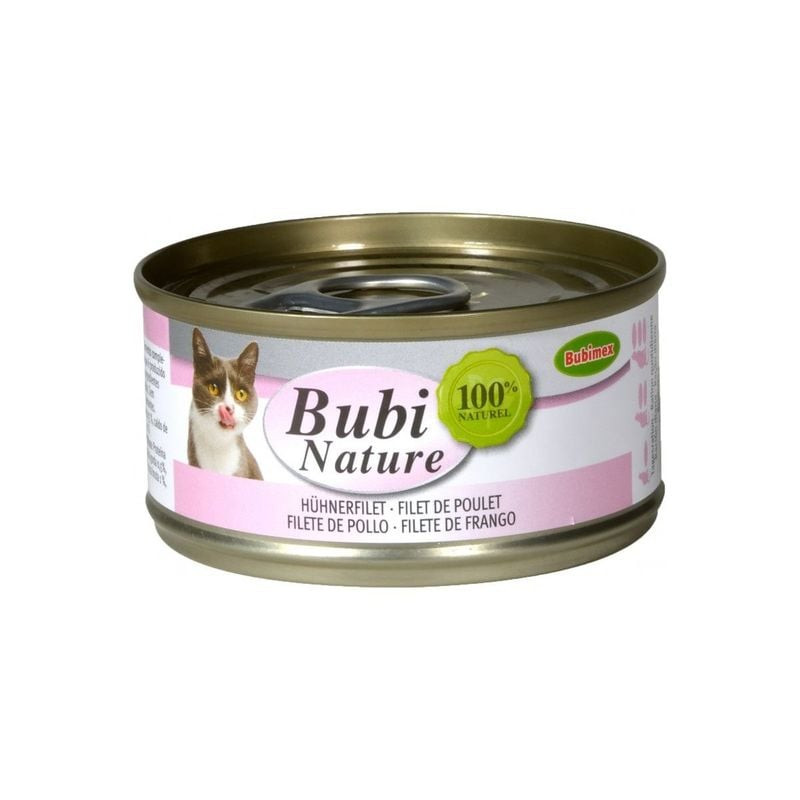 Gros plan sur la boîte Bubimex Bubinature pâtée naturelle 100% filet de poulet pour chat, vue en ang