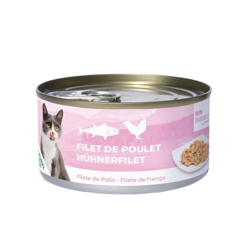 Boîte Bubimex Bubinature filet de poulet 140g pour chat, étiquette rose avec chat gris léchant ses b