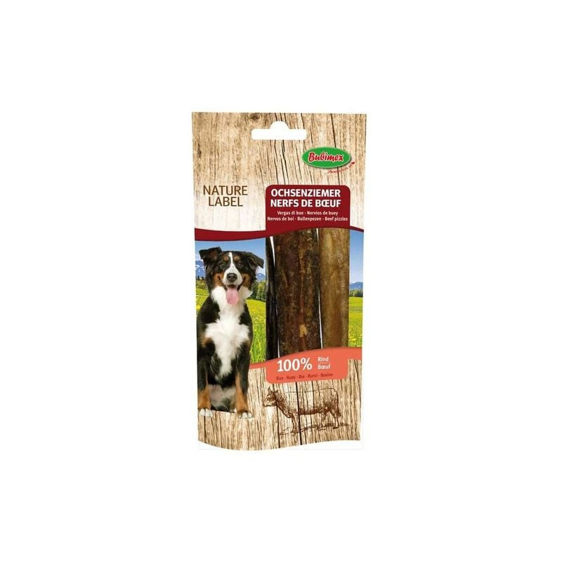 Bubimex 1143318 nerfs de bœuf pour chiens : sachet kraft avec Bouvier bernois savourant ses friandis