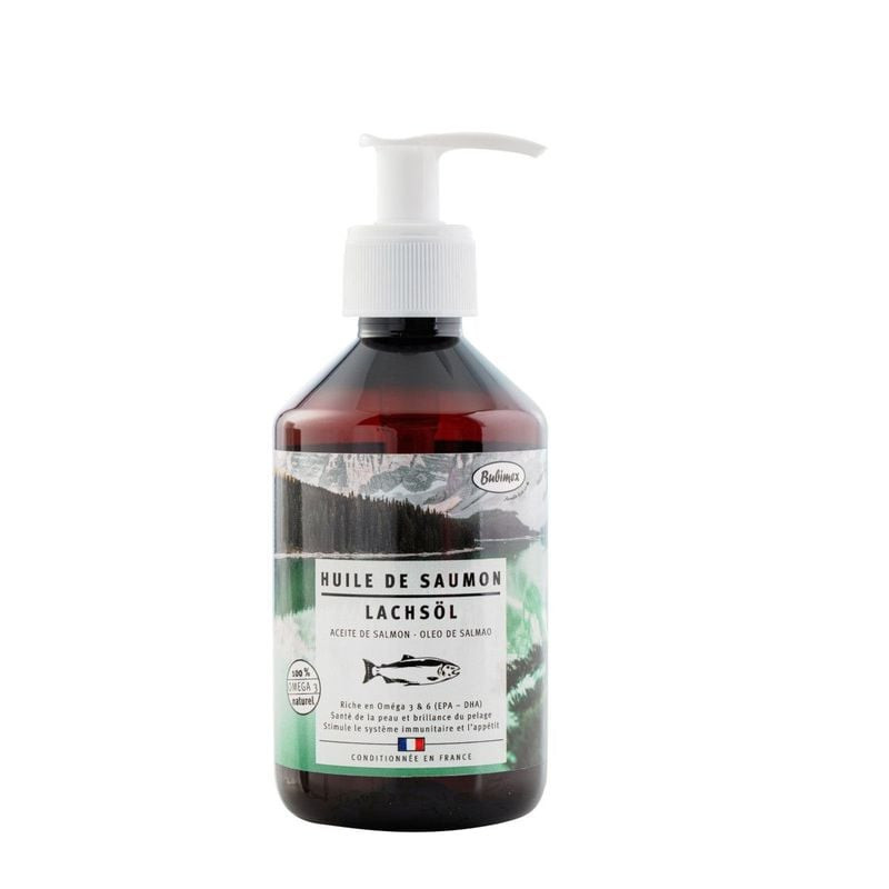 Bubimex 1143315 flacon d'huile de saumon 250ml pour chiens et chats, verre ambré avec pompe blanche,
