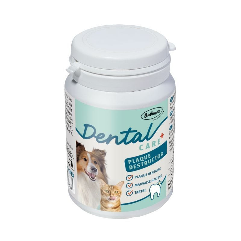 Contenant Bubimex Anti-tartre Plaque Destructor Bio 80g avec images de chien et chat sur l'étiquette