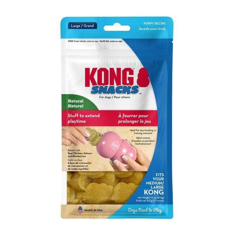 Sachet KONG Biscuits Snacks Naturels pour Chiot 312g, vue avant avec étiquette recette chiot, friand