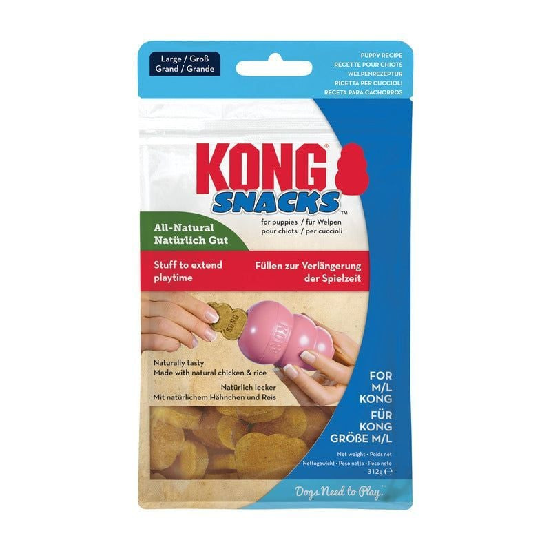 Vue latérale du sachet KONG Snacks Puppy 312g avec étiquettes multilingues, indicateur taille large,