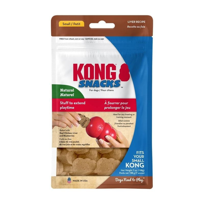 KONG Biscuits Snacks Foie 198g sachet pour petits chiens, vue avant avec emballage bilingue, graphiq