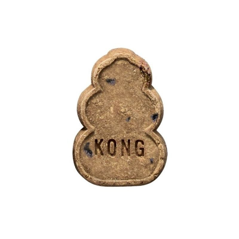Gros plan sur friandise foie en forme KONG avec myrtilles visibles dans pâte brune et logo embossé.