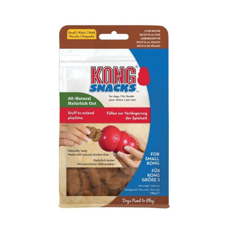 Pochette multilingue KONG Snacks Naturels Recette Foie 198g en anglais, allemand, français, italien,