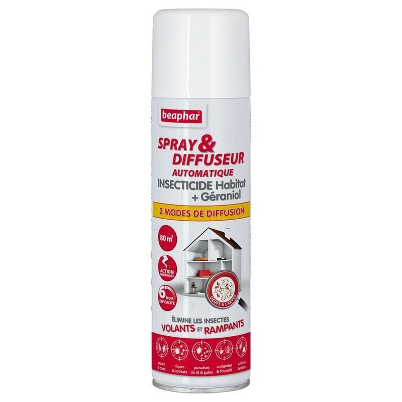 Beaphar Spray & Diffuseur Automatique Insecticide au Géraniol, 250 ml, bombe blanche avec étiquettes