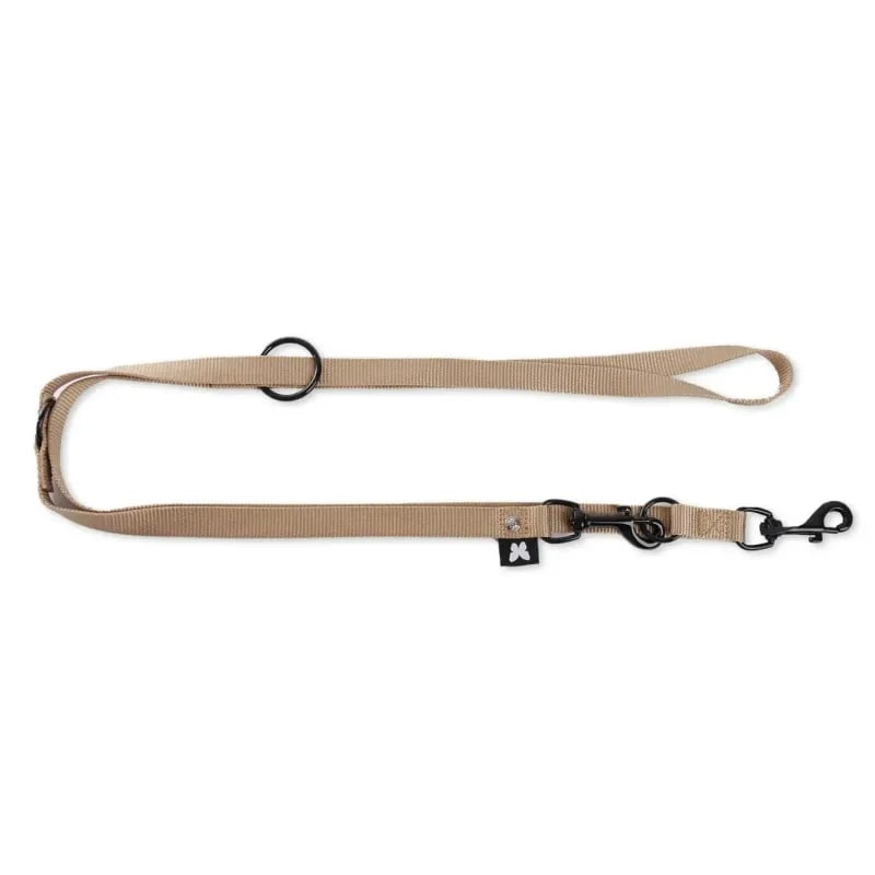 Laisse nylon beige Martin Sellier 3 points pour chien entièrement déployée à 200 cm, avec mousqueton