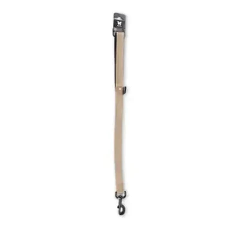 Laisse nylon Martin Sellier beige aux bords noirs, suspendue verticalement montrant sa longueur ajus
