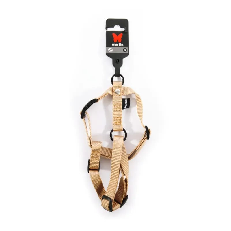 Harnais nylon beige réglable Martin Sellier pour chien avec étiquettes, sur fond blanc.