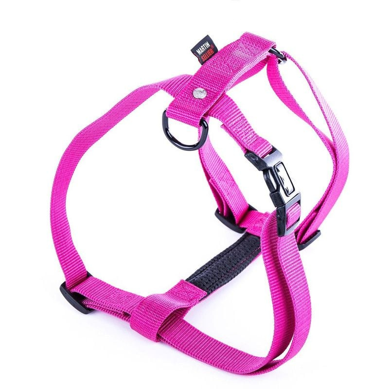 Harnais nylon réglable Martin Sellier rose pour chien vu de face et de côté, avec sangles nylon, bou