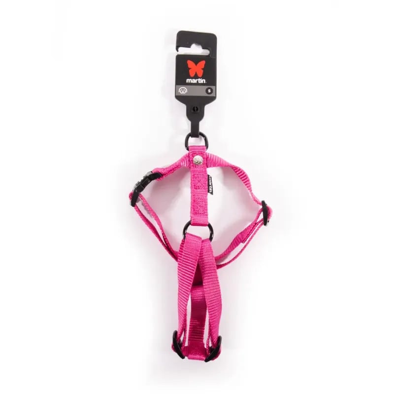 Harnais nylon rose Martin Sellier 1143234 suspendu à un cintre de vente avec logo de marque et étiqu
