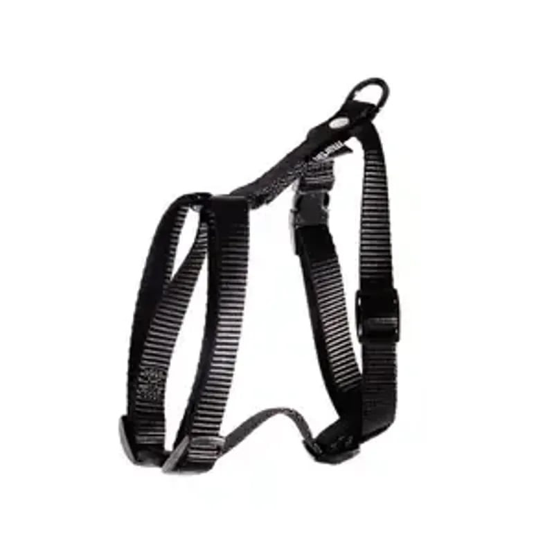 Vue de côté du harnais nylon noir Martin Sellier avec sangles réglables, boucles rapides et design e