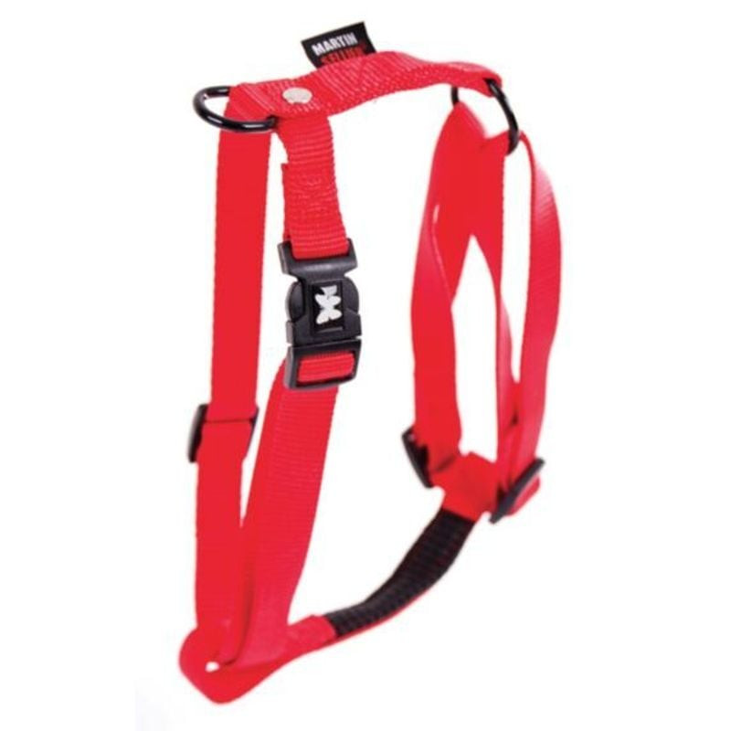 Harnais nylon rouge Martin Sellier petite taille suspendu à l'étiquette carton noir de marque, montr