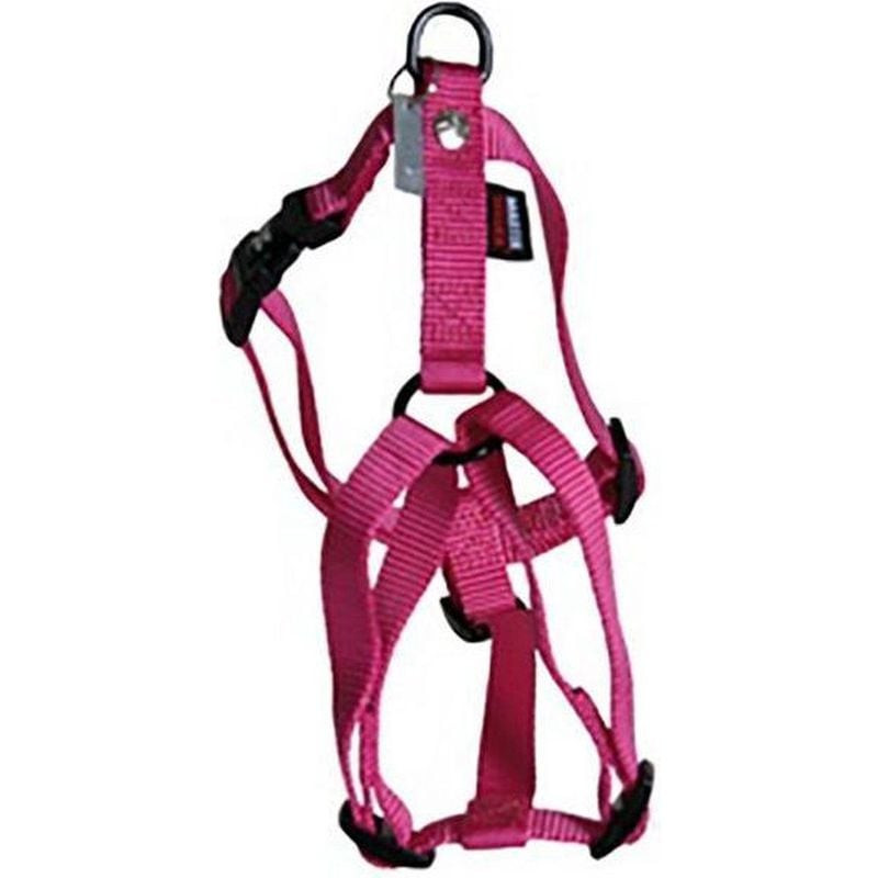 Harnais nylon réglable Martin Sellier rose posé à plat sur fond blanc.