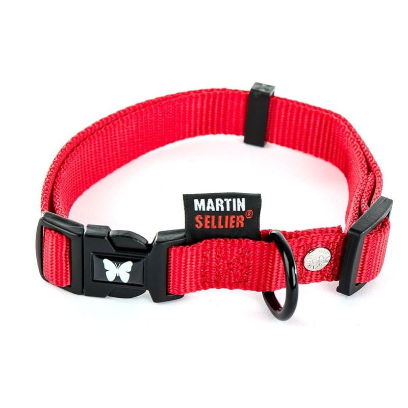 Collier nylon réglable Martin Sellier 1143207 rouge avec boucle rapide noire, anneau D et étiquette 