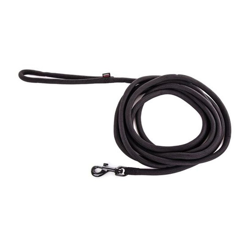 Longe nylon noir Martin Sellier pour chien, 5m, enroulée avec clip chromé et boucle de poignée visib