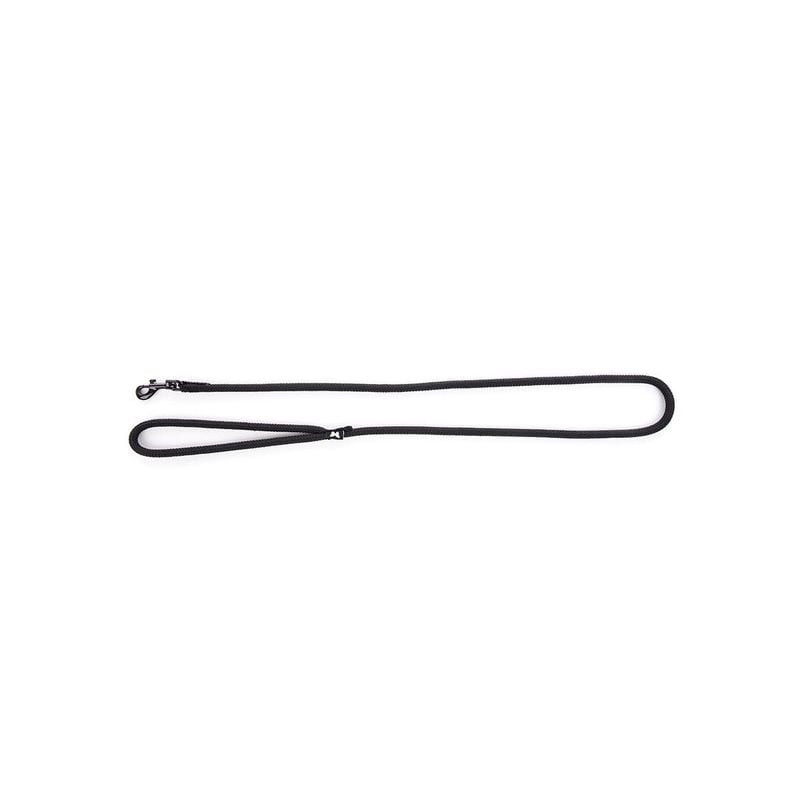 Laisse nylon ronde noire 1m Martin Sellier avec mousqueton chromé et poignée boucle, étalée droite s