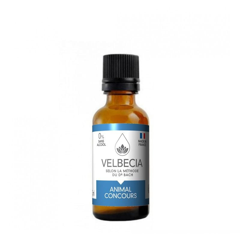 Flacon Velbecia Adaptation 30 ml en verre ambré avec pipette noire, étiquette bleue indiquant 0% alc