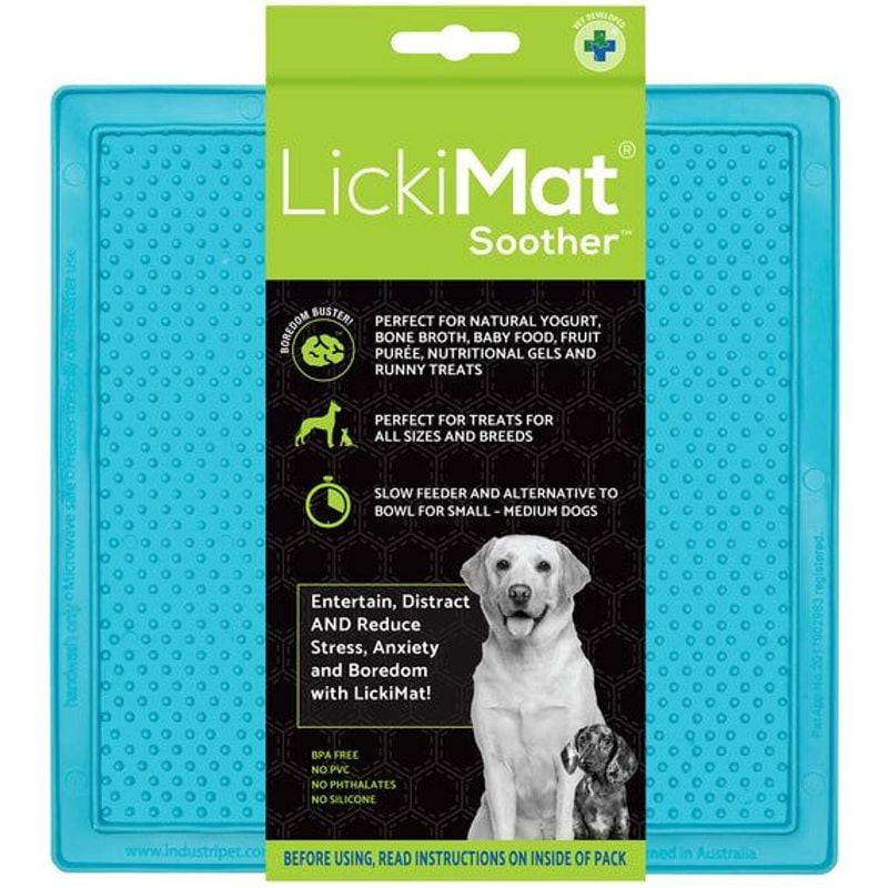 Lickimat Soother gamelle à lécher verte en emballage avec images de chiens, surface texturée en sili