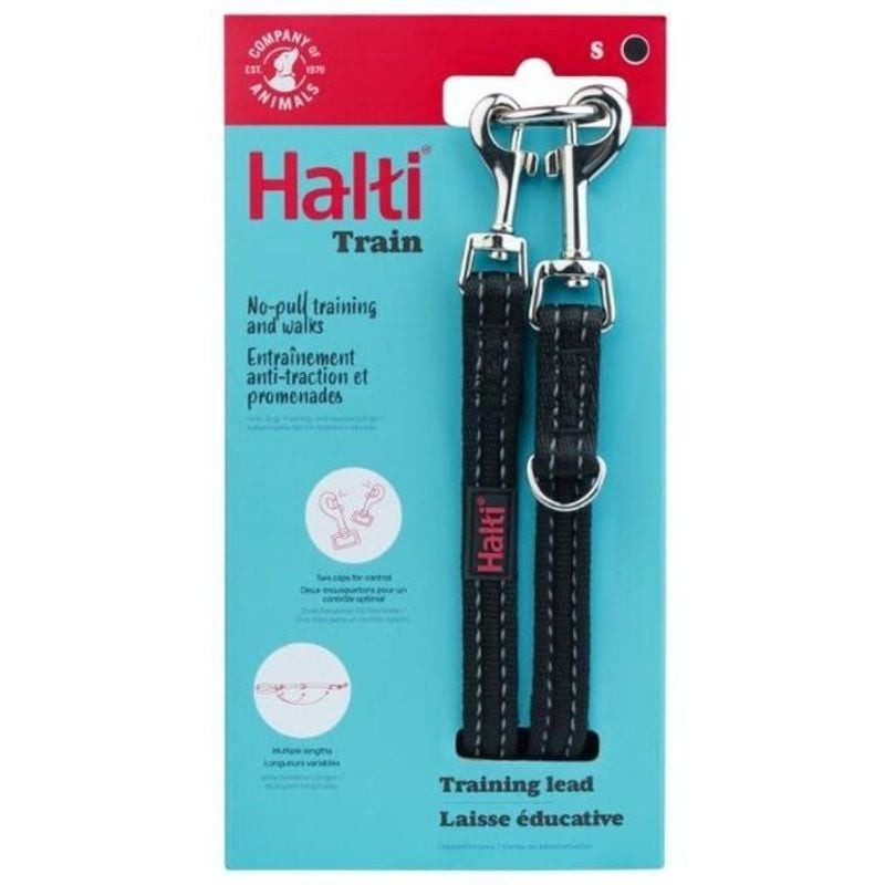 Laisse d'éducation Halti taille S emballée sur carte bleue avec accents rouges, montrant la double l