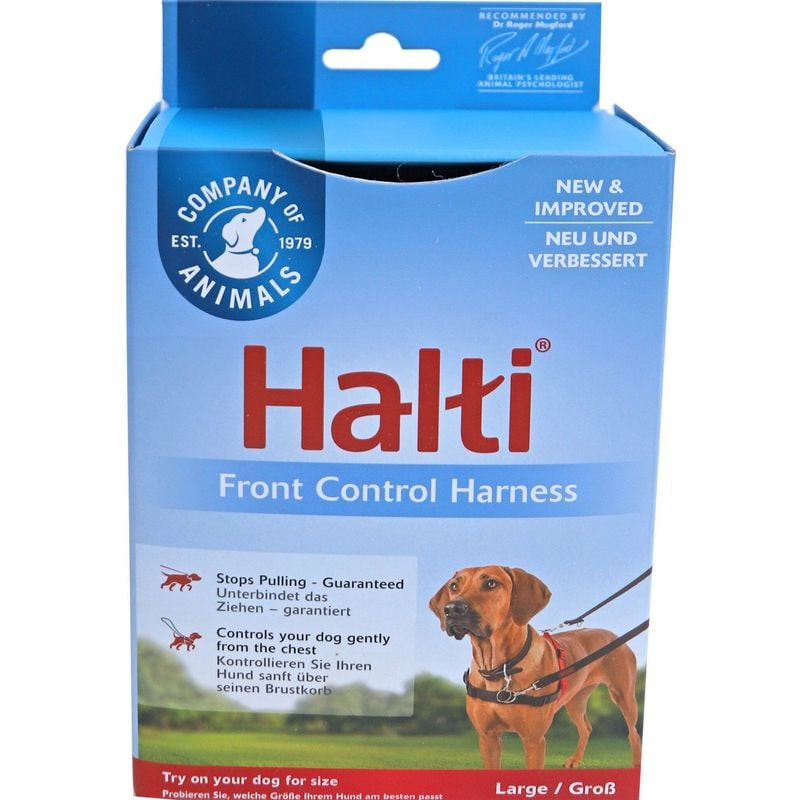 Boîte d'emballage Harnais anti-traction Halti vue avant, taille L Noir, étiquettes multilingues, ill