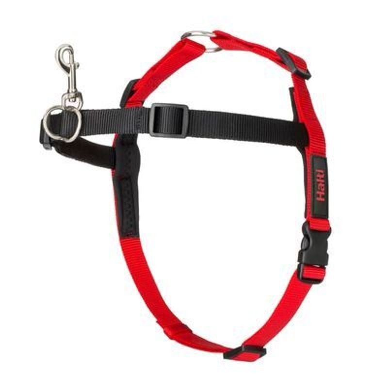Harnais anti-traction Halti rouge et noir, taille L, vu de face-droite avec clip laisse et sangles r